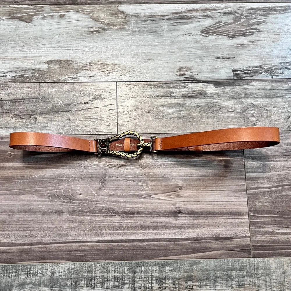 Chicos Italian Leather Brass Tone Waist Belt Size S/M Adjustable Hook Gemstones